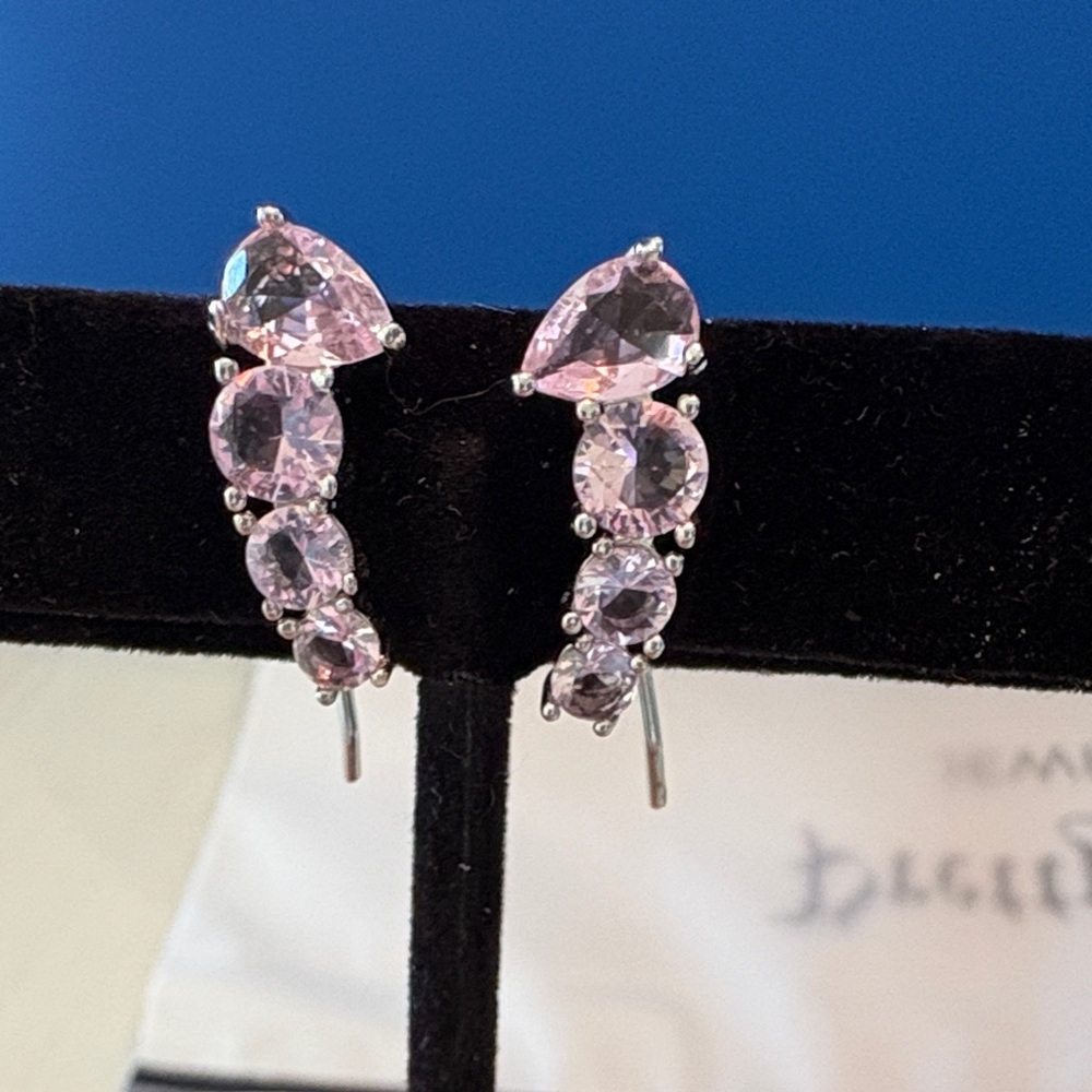 Delicate Pink Crystal Cascade Drop Ear Crawler Earrings